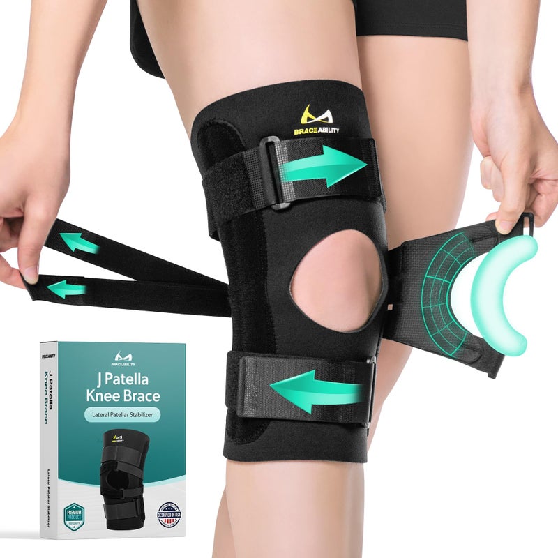 BraceAbility J Patella Knee Brace Lateral Patellar Stabilizer with Medial and JLat Support Straps for Dislocation Subluxation Patellofemoral Pain Left or Right Kneecap Tracking 3XL